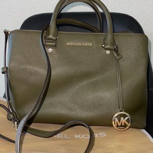 Michael Kors leather bag, gently used. Dark olive color.